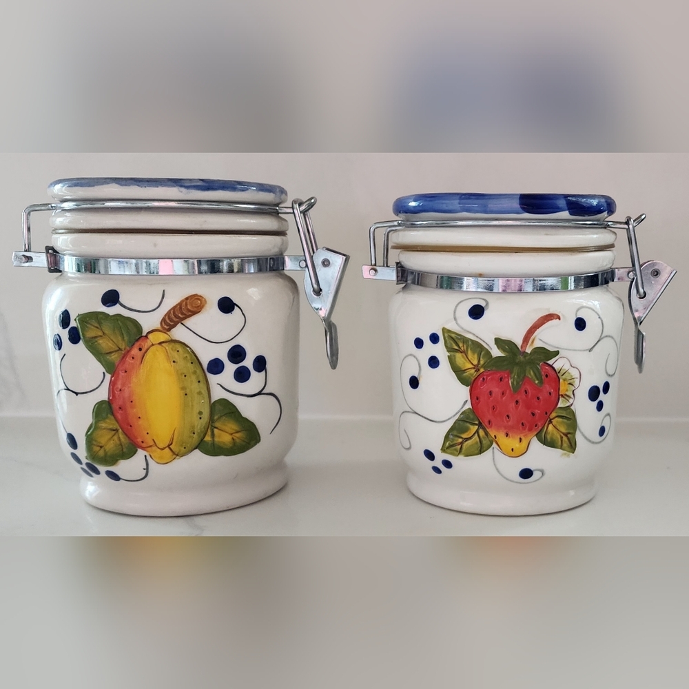 Vintage Ceramic Canisters Fruit Clamp Closure Gaskets Set Of Two